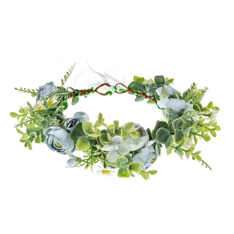 Floral Fall Camellia Flower Crown Rose Headpiece Wedding Bridal Flower Girl Halo Maternity Photo Props FL-03 (Blue) - Image 1
